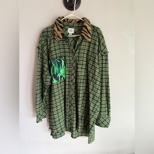 BDG Urban Outfitters Green Plaid Flannel Faux Fur Tiger Collar Flame Pocket XL